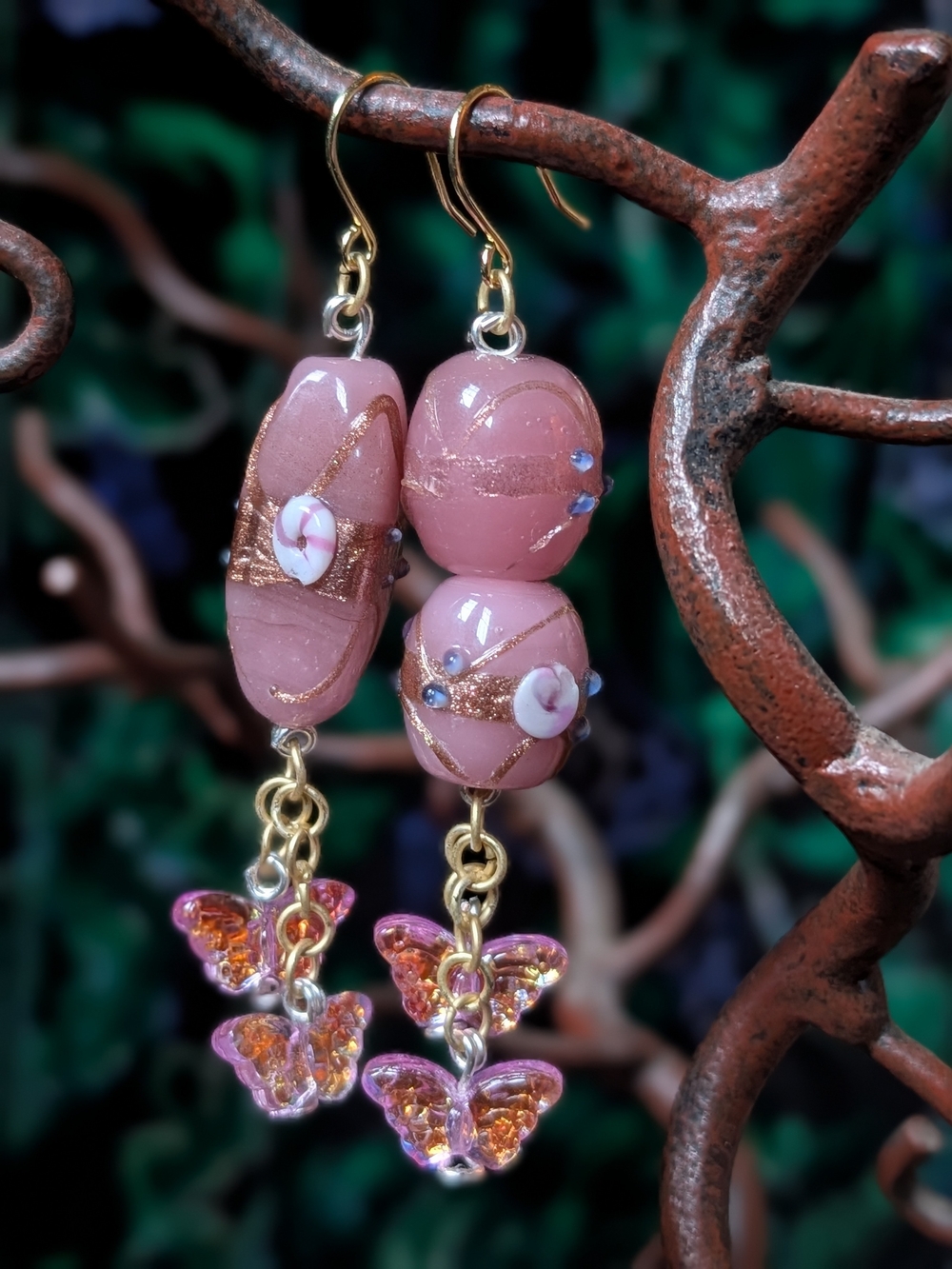Pink and Gold Fairycore Butterfly Chain Drop Earrings Handmade